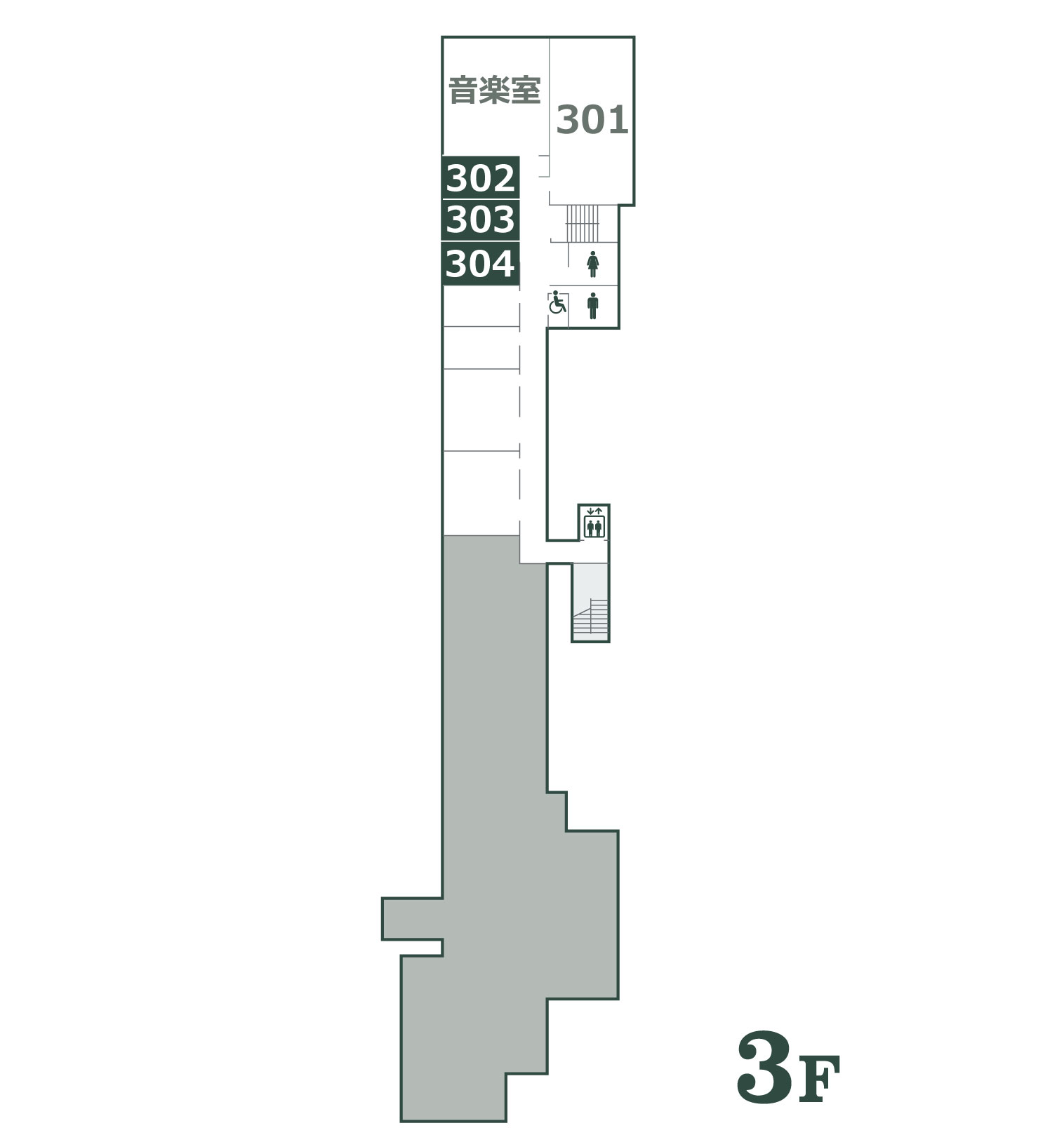 会議室３０２、３０３，３０４の場所をハイライトした校舎棟３階のフロアマップです