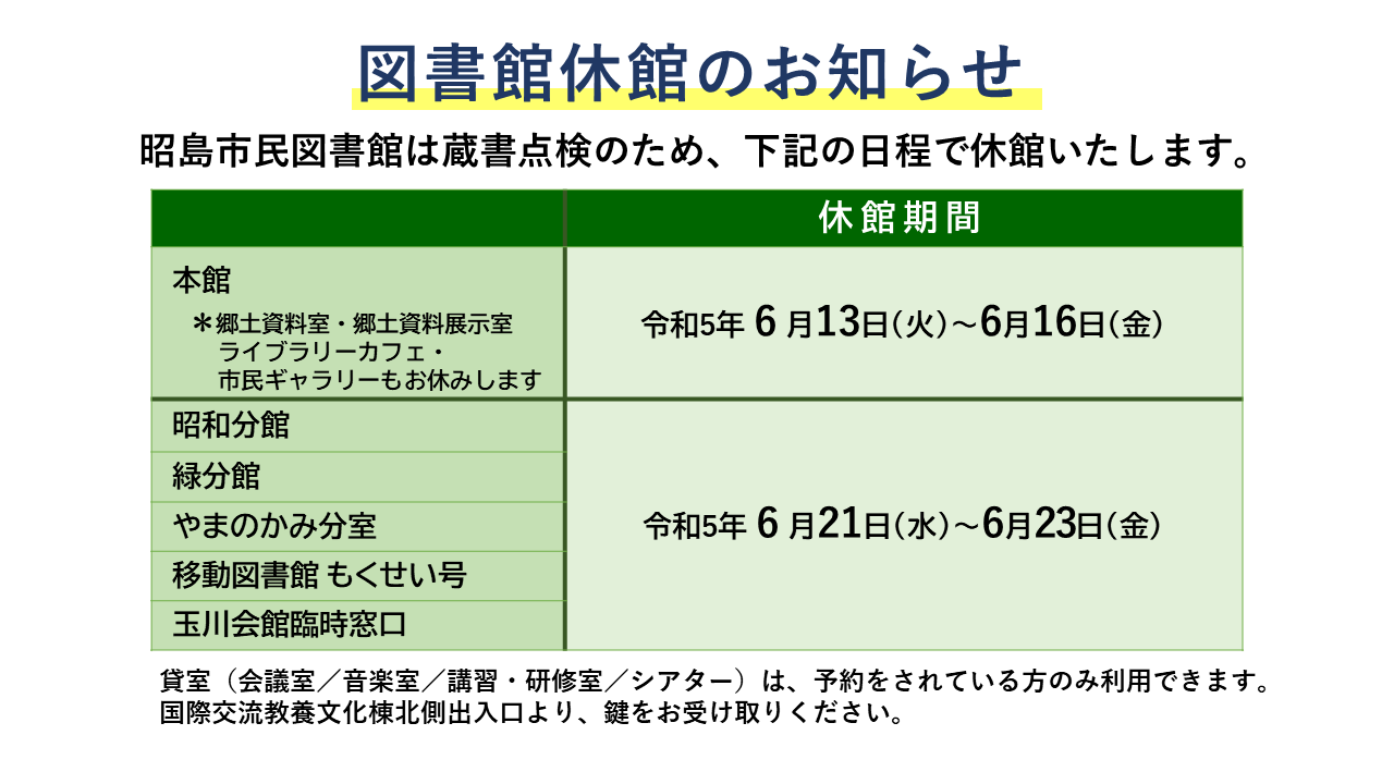 蔵書点検に伴う休館の予定表